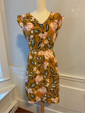 Ann Taylor Loft Floral V-Neck Mustard Shift Dress Size M